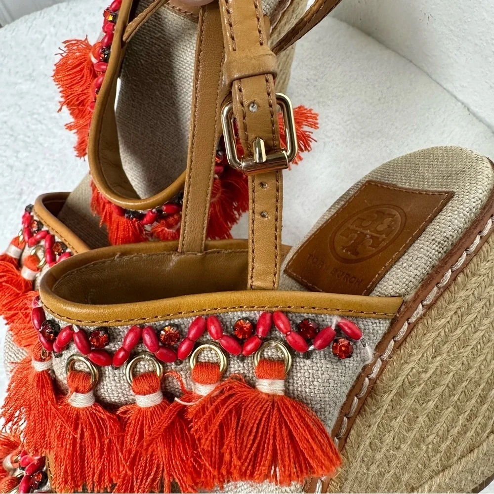 Tory Burch Vibrant Orange and Tan Espadrille Wedges Sandals